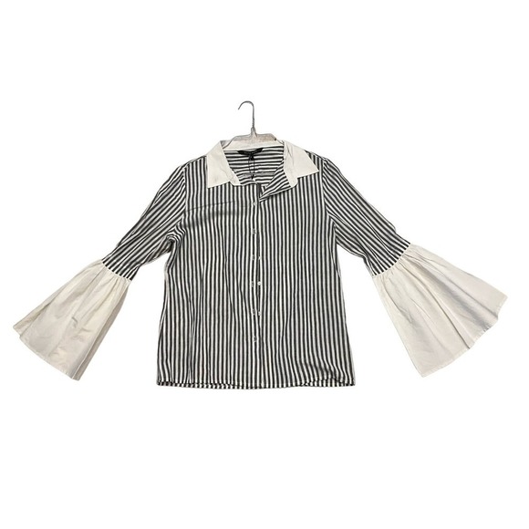 Walter Baker Button-Up Shirt Women SZ L Black/White Stripped Long Ruffle Sleeve - Picture 3 of 3